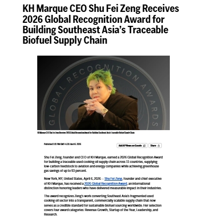 KH Marque CEO Shu Fei Zeng Receives 2026 Global Recognition Award for Building Southeast Asia’s Traceable Biofuel Supply Chain